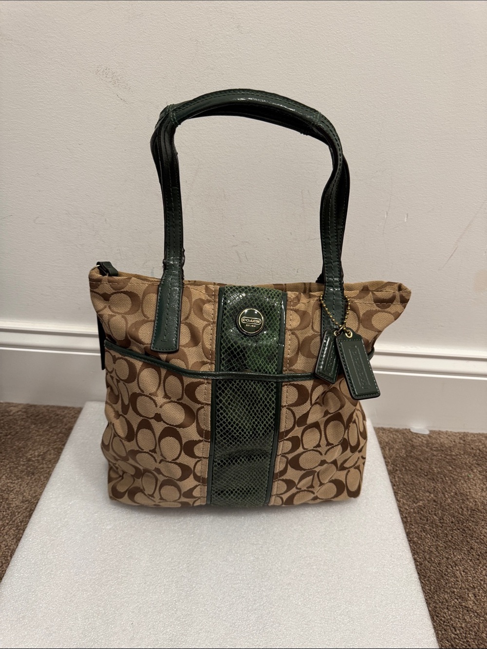 Coach Signature Stripe Python Tote shoulder Bag purse 2 hangtags